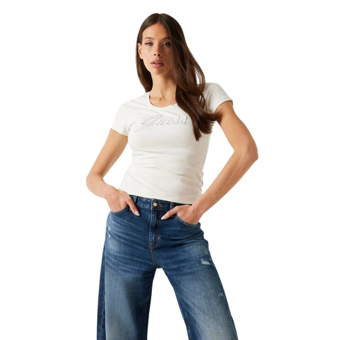 T-shirt Donna a tinta unita, dalla vestibilità aderente, con ricamo e strass